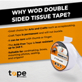 Double Sided Tissue Tape infographic detailing it is a great choice for arts and crafts, permanent and will not buckle, acid free, and heat resistant