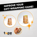 Double Sided Tissue Tape infographic mentioning it is ideal for card making, envelope sealing, origami, and photo mounting