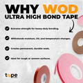 Double Sided Foam Tape Roll infographic detailing it is extra-adhesive, 43 mm wide