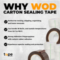 infographic of packaging tape for carton sealing mentioning it is ideal for moving, shipping, or bundling, can handle freezing temperatures and it has strong adhesion