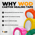 Colored Carton Sealing Packaging Tape infographic mentioning it has strong adhesive, durable, easy to unwind, and works on all carton surfaces
