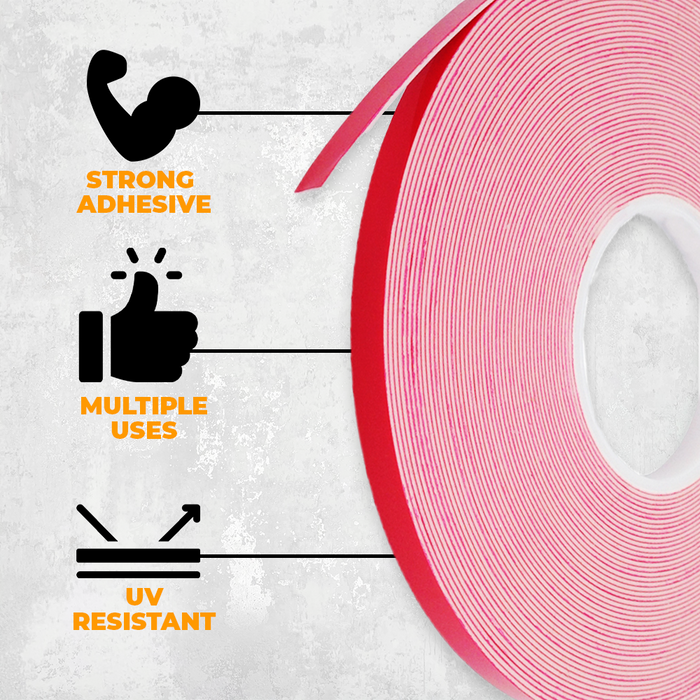 Double Sided Foam Tape Roll infographic detailing its various uses like window and door sealing, no residue left behind, high perfrmance acryclic