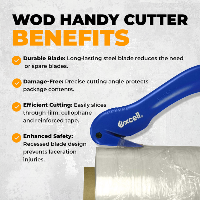  Stretch Film Cutter infographic detailing its properties such as durable blade, damage free and precise, efficient cutting, and enhanced safety