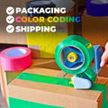 Colored Carton Sealing Packaging Tape infographic mentioning it is ideal for color coding shipping boxes