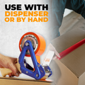 Colored Carton Sealing Packaging Tape infographic mentioning it can be used by hand or with a dispenser