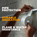 White PVC tape being installed on an outdoor leaky pipe, words on screen mention it is flame and water resistance, and durable insulation