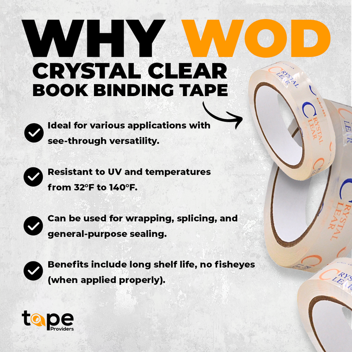 infographic about Crystal Clear Carton Sealing Tape mentioning it is ideal for various applications, UV resistant, and long shelf life