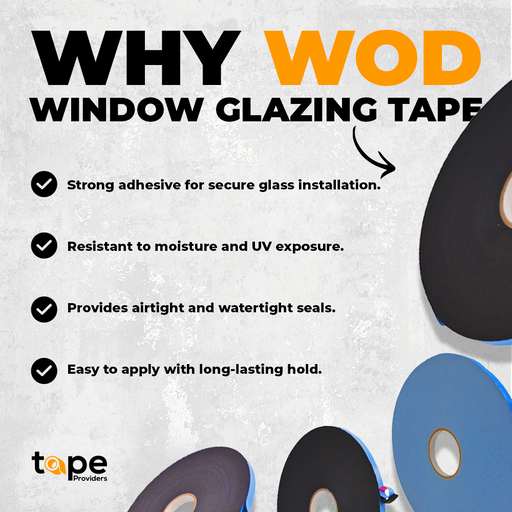 Window Glazing Tape infographic detailing strength, moisture and UV protection, airtight sealing and easy to apply