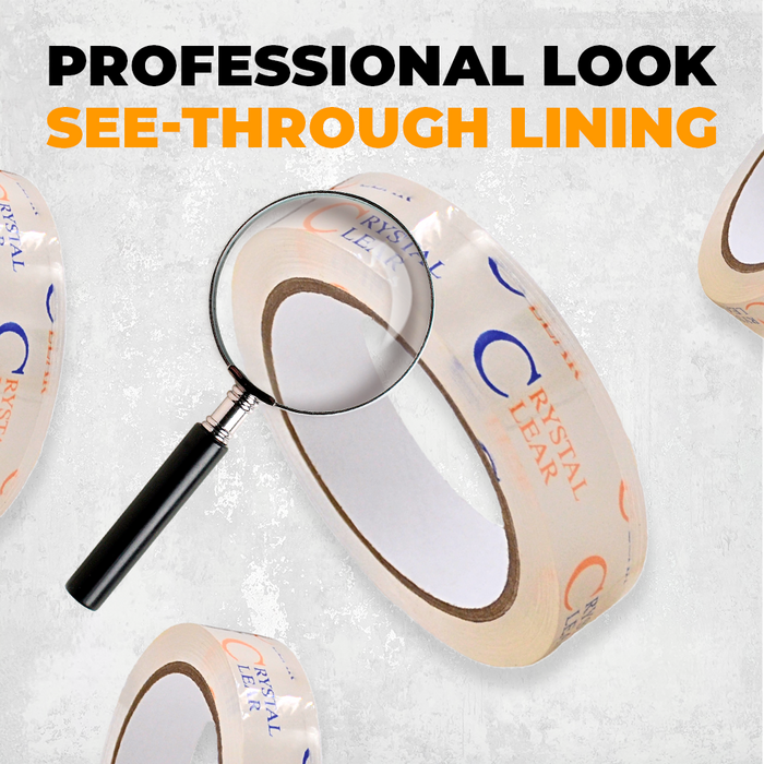 infographic about Crystal Clear Carton Sealing Tape mentioning it is professional looking and see through liner