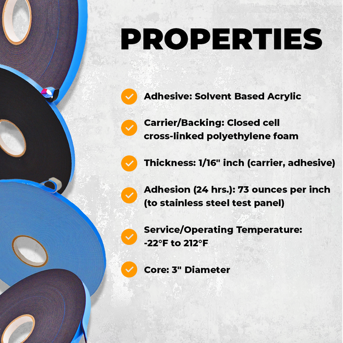 Window Glazing Tape infographic detailing it is ideal for sealing and securing glass with airtight watertight protection, nd it is acrylic solvent based