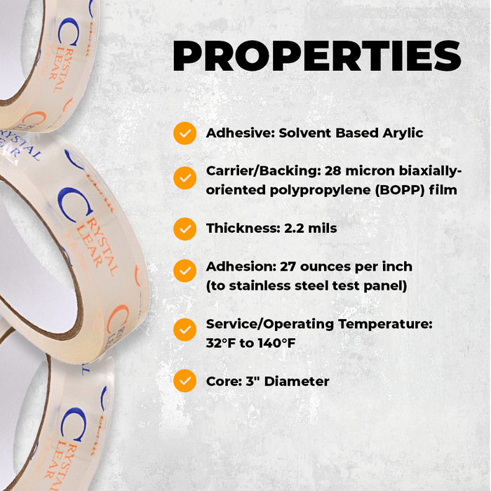 infographic about Crystal Clear Carton Sealing Tape mentioning it is ideal for various applications, UV resistant, and long shelf life