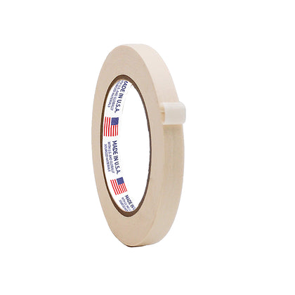 Multiple Stacked rolls of 1.5 inch wide White or Beige Masking Tape, Shows made in USA logo