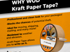 Kraft Paper Flatback Tape infographic mentioning it is professional and clean, ideal for moving, shipping, mailing and more, resistant to weather and arasion