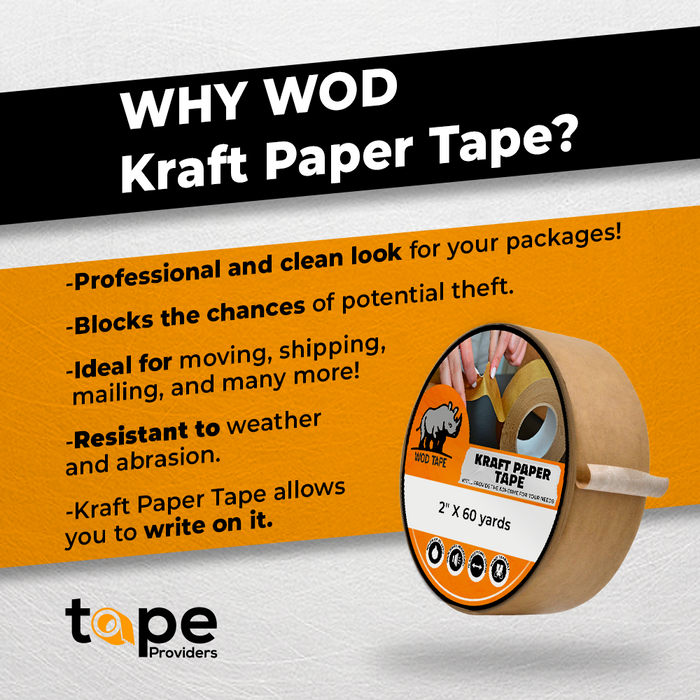 Kraft Paper Flatback Tape infographic mentioning it is professional and clean, ideal for moving, shipping, mailing and more, resistant to weather and arasion