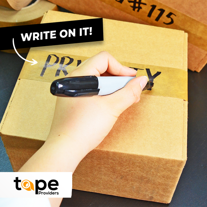Kraft Paper Flatback Tape infographic mentioning it can be written on