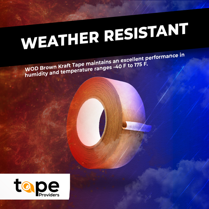 Kraft Paper Flatback Tape infographic mentioning it is weather resistant