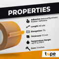 Kraft Paper Flatback Tape infographic mentioning properties like strngth and adhesion