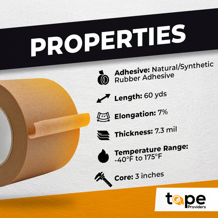 Kraft Paper Flatback Tape infographic mentioning properties like strngth and adhesion