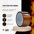 Kapton Tape infographic detailing it withstands high temperatures, acids, and weather. Great for bundling, fiber optics, and 3d printers