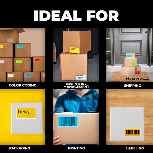 infographic picture with 6 images embedded into it showing ideal uses of direct thermal nametag stickers like color coding, inventory management, shipping, packaging, printing, labeling