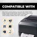 infographic picture detailing all the printer models the product works with, different printer images and printer names present, and a printer printing a thermal transfer shipping label