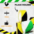 infographic of black and yellow hazard tape saying it is highly visible, easy to apply and remove, thick and strong