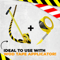 infographic of black and yellow hazard tape saying it is great to use with our floor tape applicator