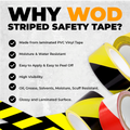 infographic of black and yellow hazard tape saying it is water and moisture resistance, highly visible, easy to apply and remove, glossy and laminated surface