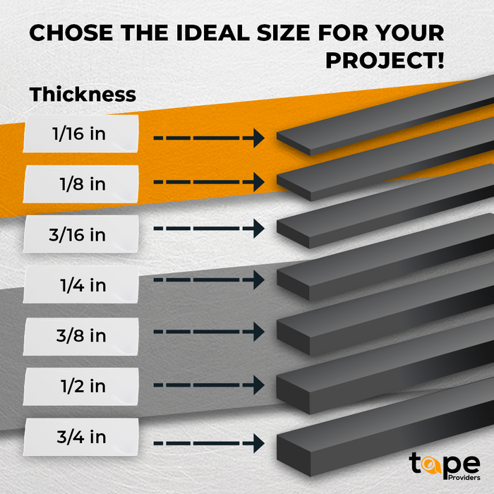 infographic detailing foam tape thickness available in different sizes