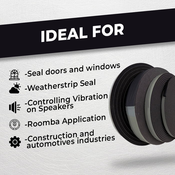 infographic for foam tape mentioning it is great for controlling speakers vibrations, weather strip sealing, construction and automotive industries