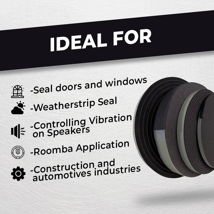 PVC Medium Density Foam Tape, Black - Weatherstrip Seal Windows and Doors Sound Proof Insulation, SSMDFT