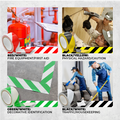 infographic of hazard tape showing different applications and color availability, black and white red and white black and yellow or white and green