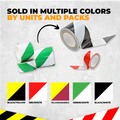 infographic of hazard tape showing different color availability, black and white red and white black and yellow or white and green