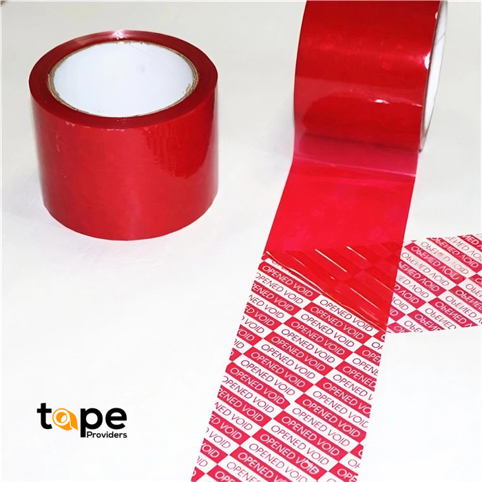 red and white colored Roll of tape with warning words "OPENED VOID" printed on it in all caps