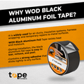 infographic about matte black aluminum foil tape mentioning it is heat and moisture resistant, used for hvac, strong adhesive, easy to tear