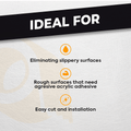 infographic about antislip grip tape mentioning it eliminates slippery surfaces, and easy to cut and install