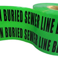 Roll of Green non adhesive film barrier warning tape with the writing "Caution Buried Sewer Line Below"