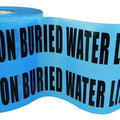 Roll of blue non adhesive film barrier warning tape with the writing "Caution Buried Water Line Below Barricade" on it
