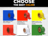 infographic of mulitple rolls of Colored Barricade Tape, multiple different colors with different customizable prints available in bulk