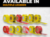 infographic of mulitple rolls of Caution Tape multiple different colors with different customizable prints 