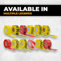 infographic of mulitple rolls of Caution Tape multiple different colors with different customizable prints 