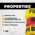 infographic of Colored Barricade Tape being non-adhesive, durable, 2.5 mm thick - 1000ft - available in bulk