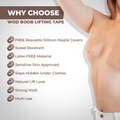 infographic detailing benefits of our breast tape, like: sweat resistant, strong hold, natural lift look