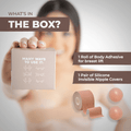 infographic detailing thecontents of our boob tape package, it comes with the tape and nipple covers included