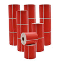 Multiple Stacked rolls of red Nametag Sticker Thermal Label Roll 