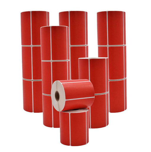 Multiple Stacked rolls of red Nametag Sticker Thermal Label Roll 