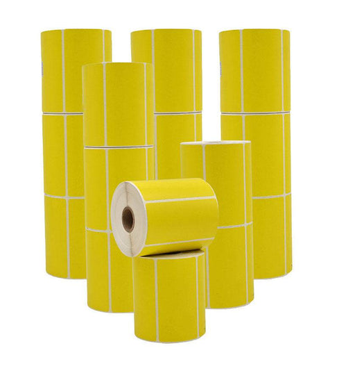 Multiple Stacked rolls of yellow Nametag Sticker Thermal Label Roll 