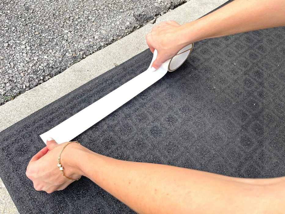 Double Sided Polypropylene Tape Roll infographic demonstrating its use on carpet backing to secure it to the floor