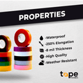 Colored Electrical Tape infographic showing properties like waterproof, 250% stretch, 8 mm thickness, weather resitant, high wuality