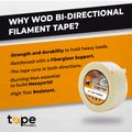 Filament Strapping Tape infographic detailing its properties like fiberglass reinforced, and heavy adhesion